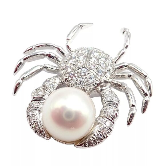 Rare! Authentic Tiffany & Co Platinum Crab 1.50ct Diamond 9mm Pearl Pin Brooch - Picture 11 of 12